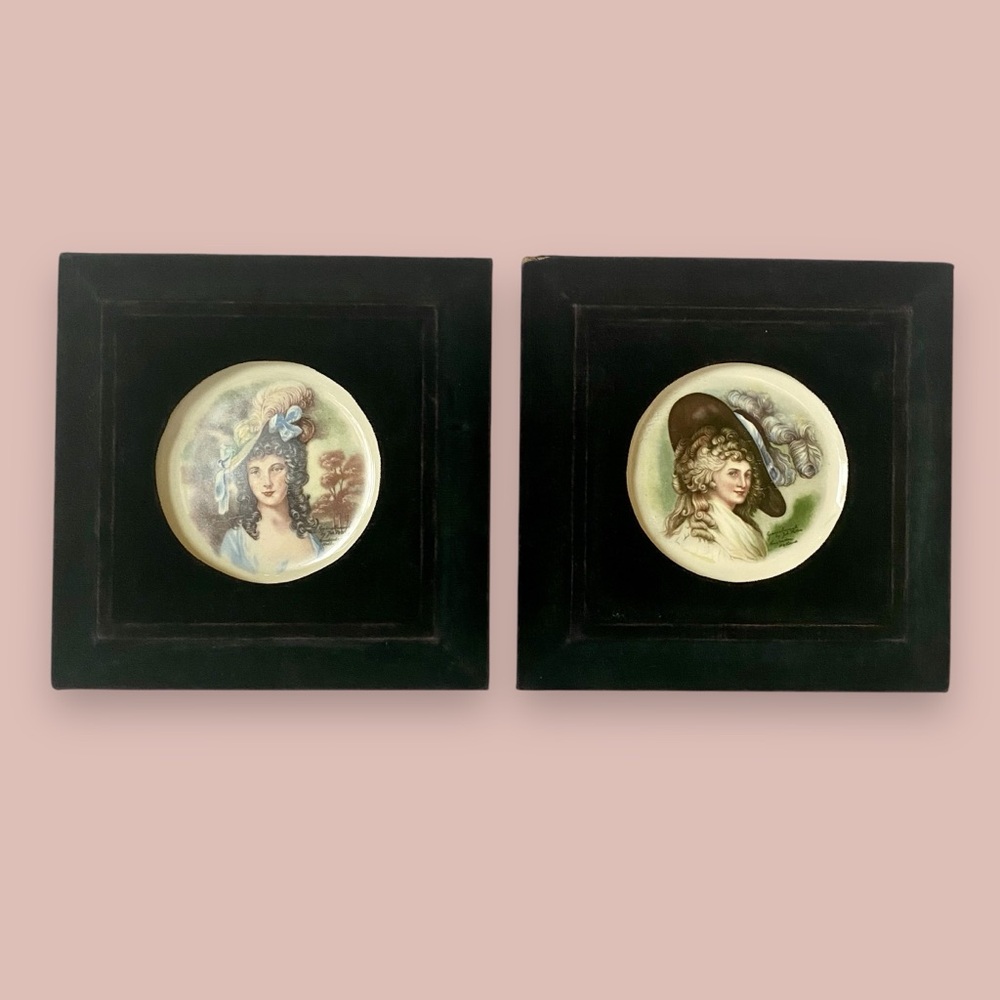 Vintage Joh Peters Amsterdam Holland Black Velvet Framed Portrait Plates Set